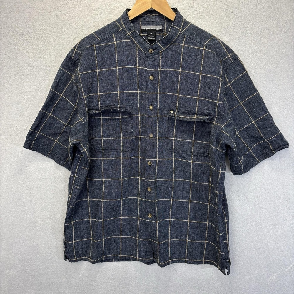 Andrew Fezza Linen Cotton Button Up Shirt Mens 2XL Blue Check Short Sleeve XXL